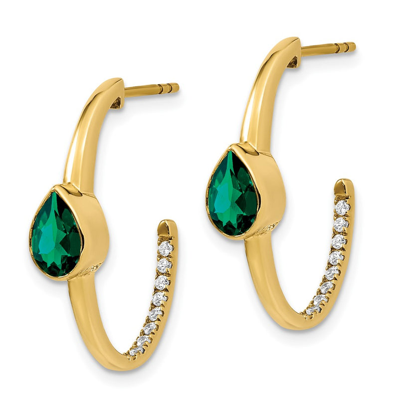 14k Yellow Gold Pear Created Emerald and Real Diamond J-Hoop Earrings