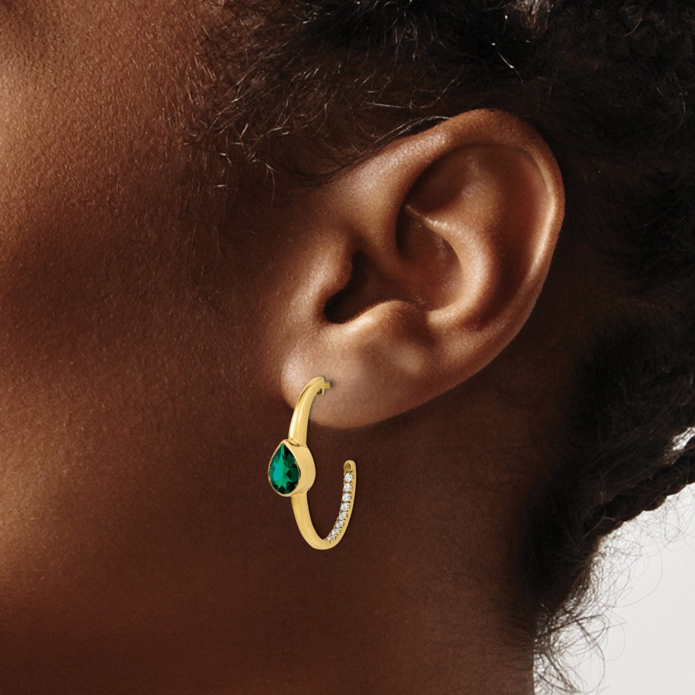 14k Yellow Gold Pear Created Emerald and Real Diamond J-Hoop Earrings