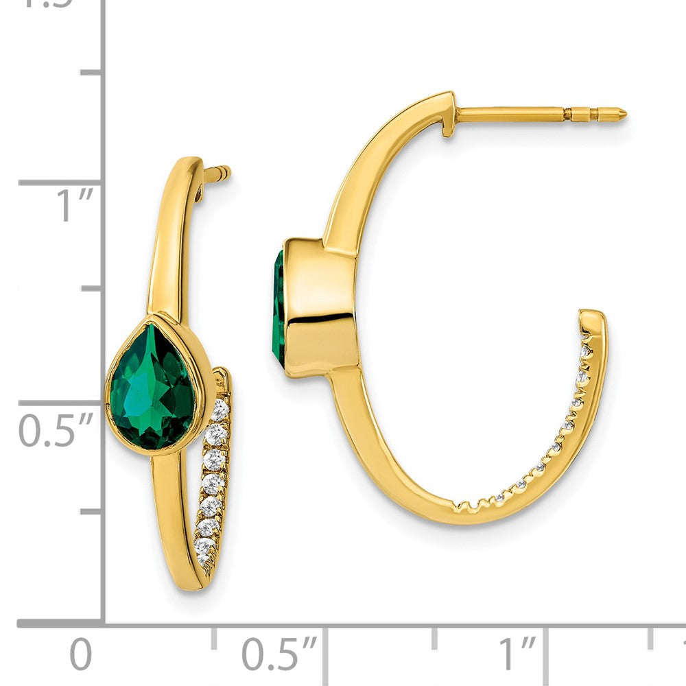 14k Yellow Gold Pear Created Emerald and Real Diamond J-Hoop Earrings