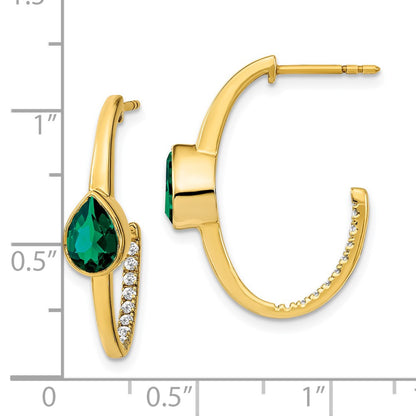 14k Yellow Gold Pear Created Emerald and Real Diamond J-Hoop Earrings