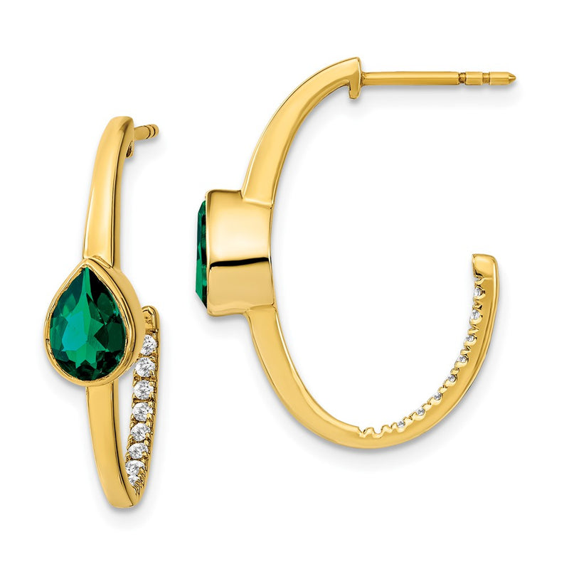 14k Yellow Gold Pear Created Emerald and Real Diamond J-Hoop Earrings