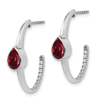 14k White Gold Pear Created Ruby and Real Diamond J-Hoop Earrings