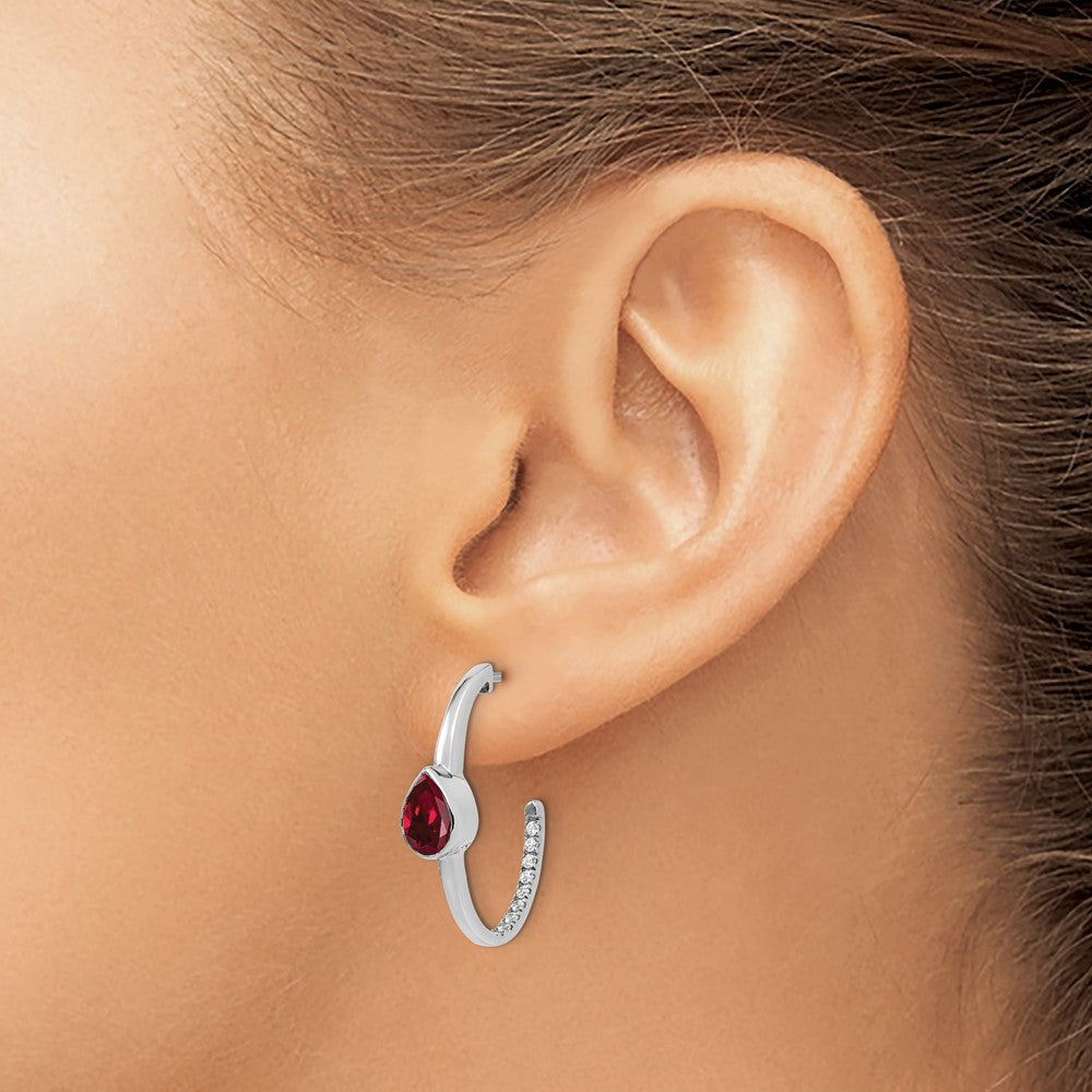 14k White Gold Pear Created Ruby and Real Diamond J-Hoop Earrings