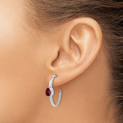 14k White Gold Pear Created Ruby and Real Diamond J-Hoop Earrings