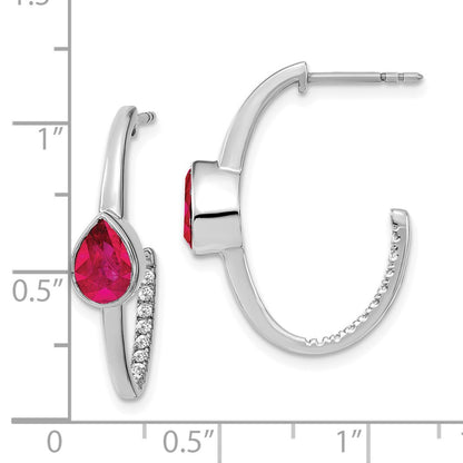 14k White Gold Pear Created Ruby and Real Diamond J-Hoop Earrings