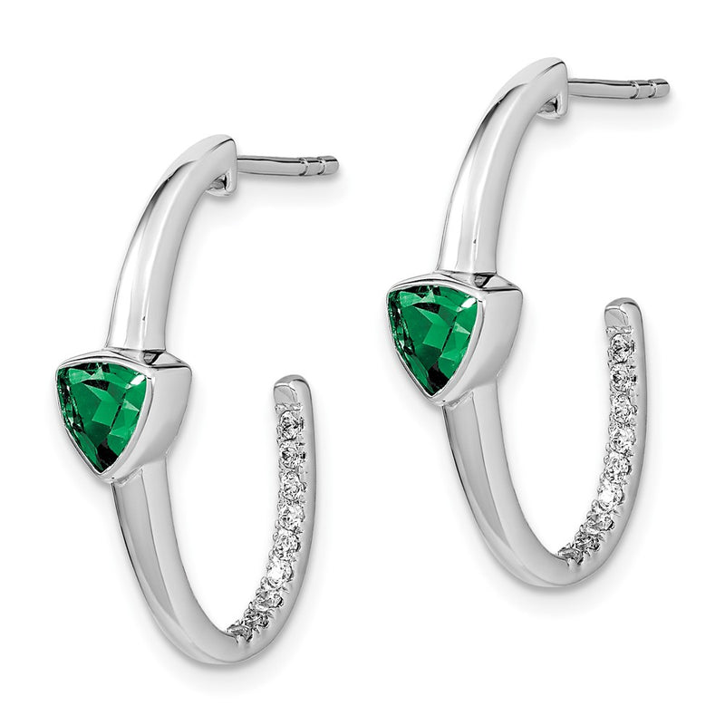 14k White Gold Trillion Created Emerald/Real Diamond J-hoop Earrings