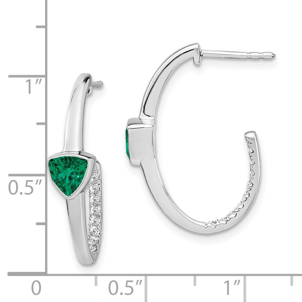 14k White Gold Trillion Created Emerald/Real Diamond J-hoop Earrings EM7216-EM-018-WA