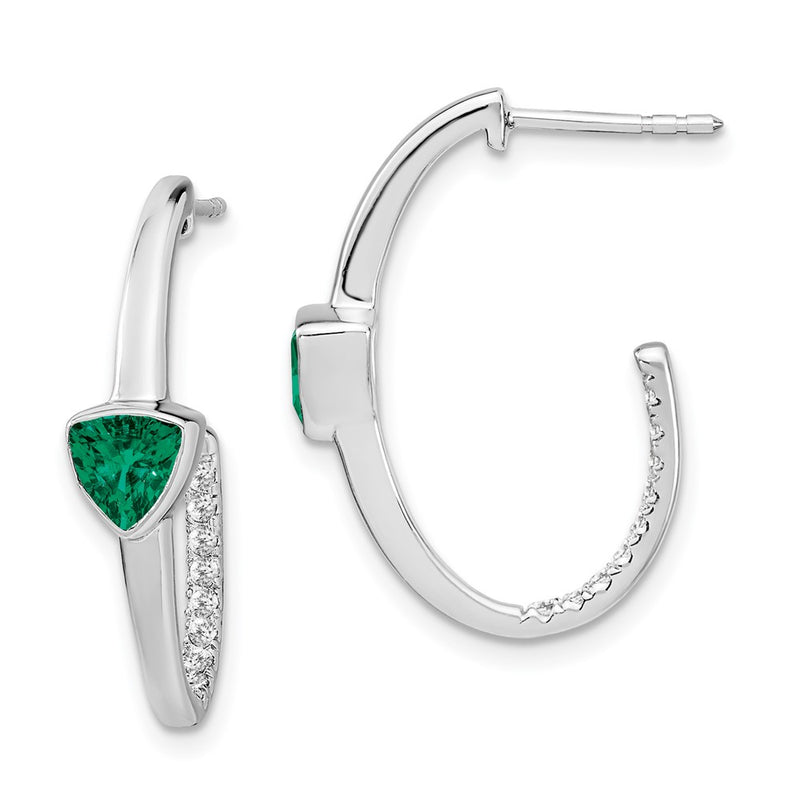 14k White Gold Trillion Created Emerald/Real Diamond J-hoop Earrings