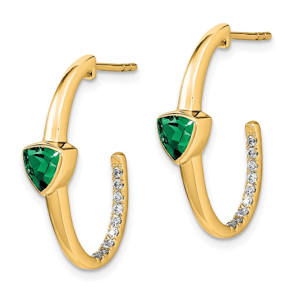 14k Yellow Gold Trillion Created Emerald and Real Diamond J-hoop Earrings