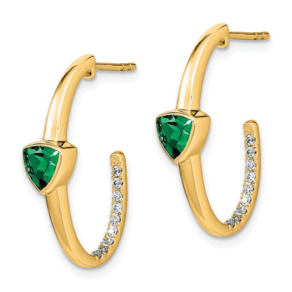 14k Yellow Gold Trillion Created Emerald and Real Diamond J-hoop Earrings