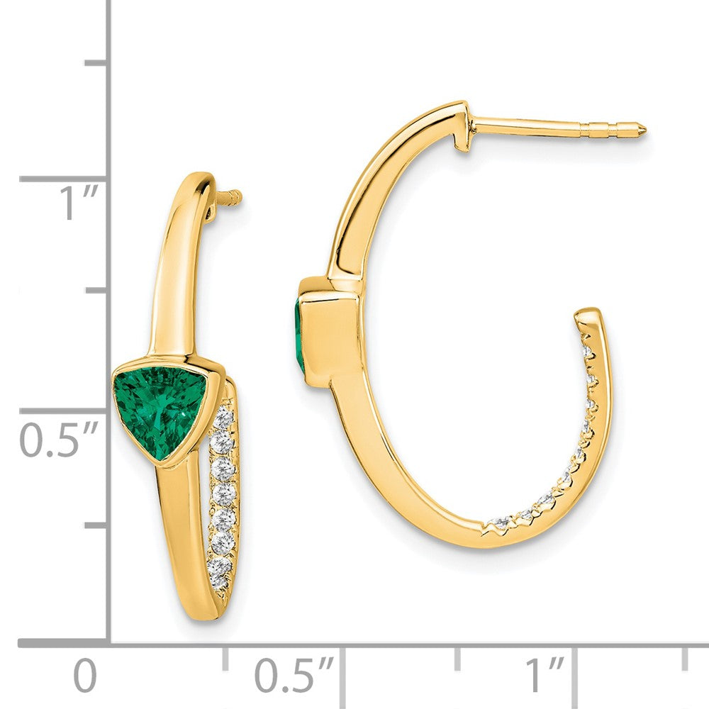 14k Yellow Gold Trillion Created Emerald and Real Diamond J-hoop Earrings