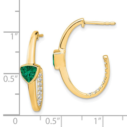 14k Yellow Gold Trillion Created Emerald and Real Diamond J-hoop Earrings