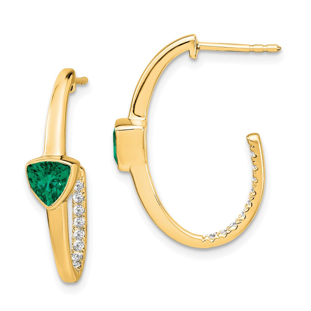 14k Yellow Gold Trillion Created Emerald and Real Diamond J-hoop Earrings