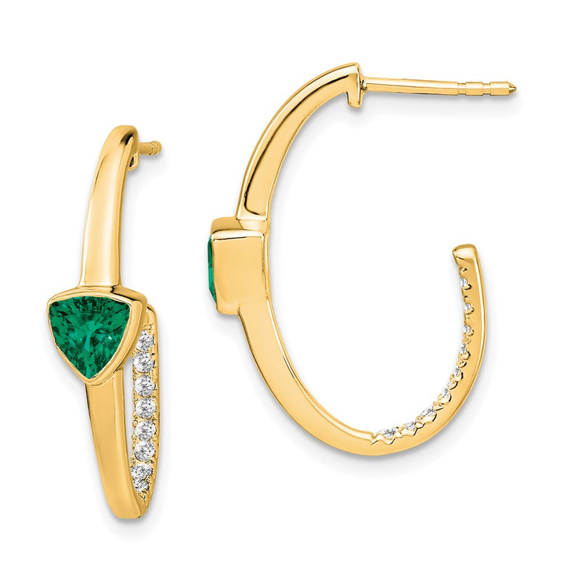14k Yellow Gold Trillion Created Emerald and Real Diamond J-hoop Earrings
