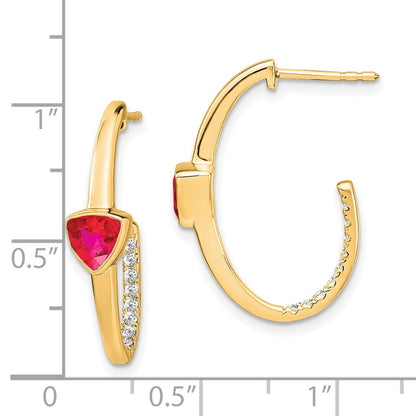 14k Yellow Gold Trillion Created Ruby and Real Diamond J-hoop Earrings