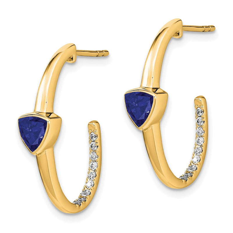 14k Yellow Gold Trillion Created Sapphire and Real Diamond J-hoop Earrings