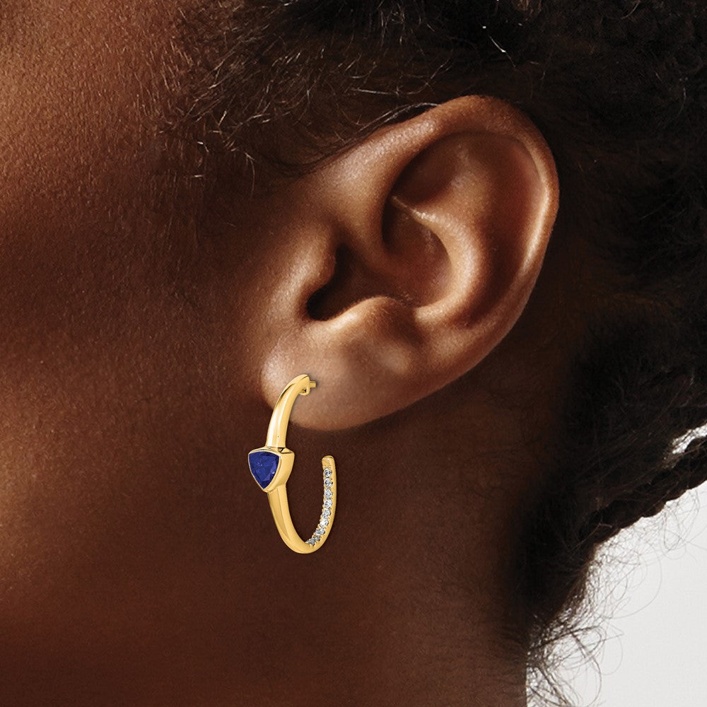 14k Yellow Gold Trillion Created Sapphire and Real Diamond J-hoop Earrings