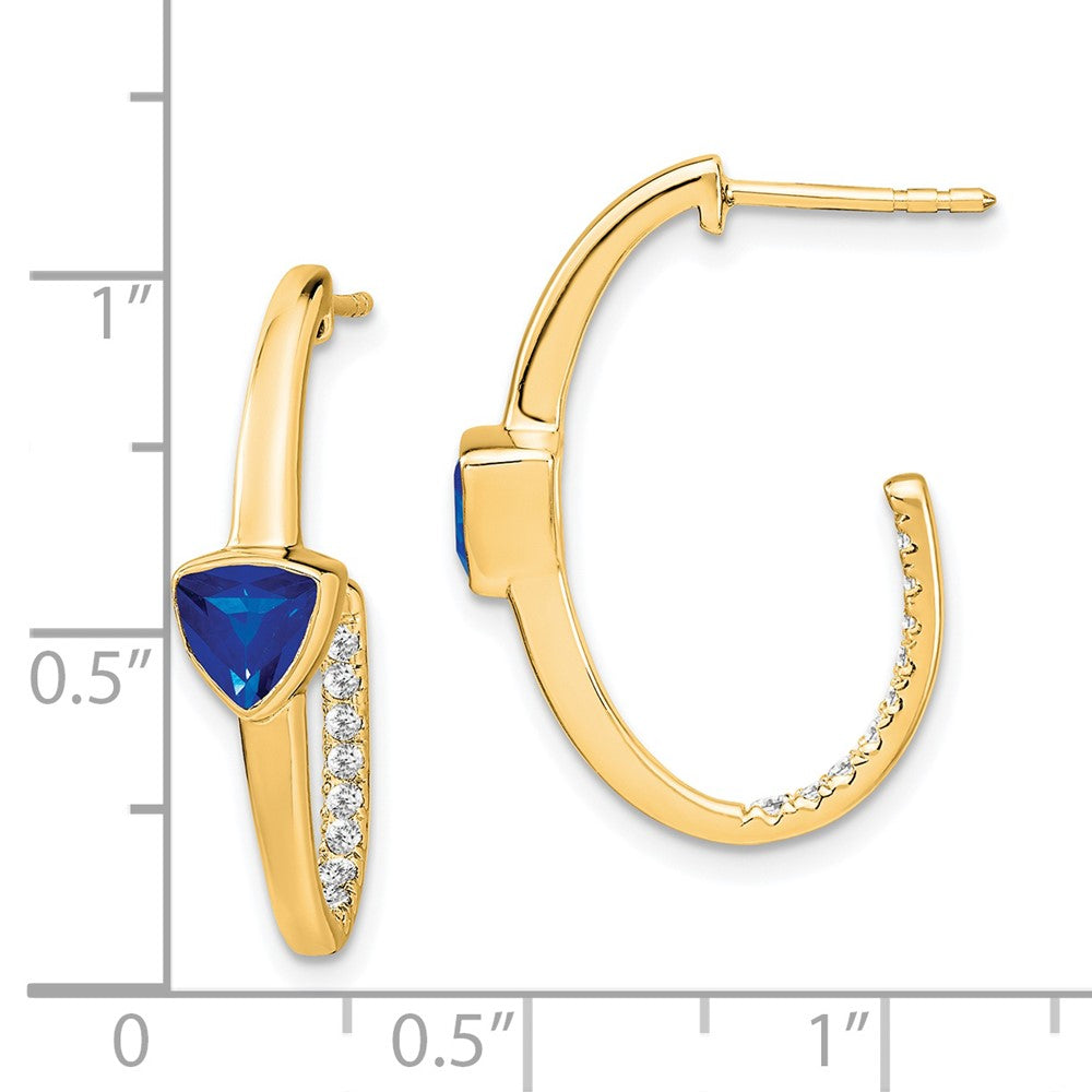 14k Yellow Gold Trillion Created Sapphire and Real Diamond J-hoop Earrings EM7216-SA-018-YA
