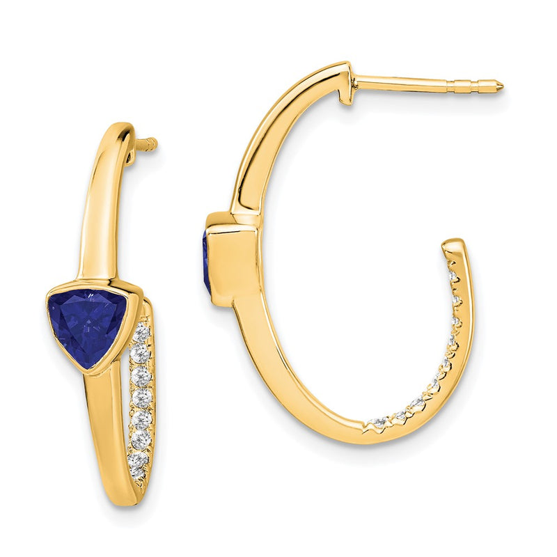14k Yellow Gold Trillion Created Sapphire and Real Diamond J-hoop Earrings