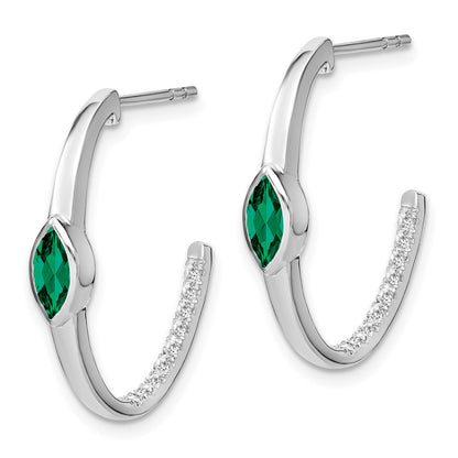 14k White Gold Marquise Created Emerald/Real Diamond J-hoop Earrings