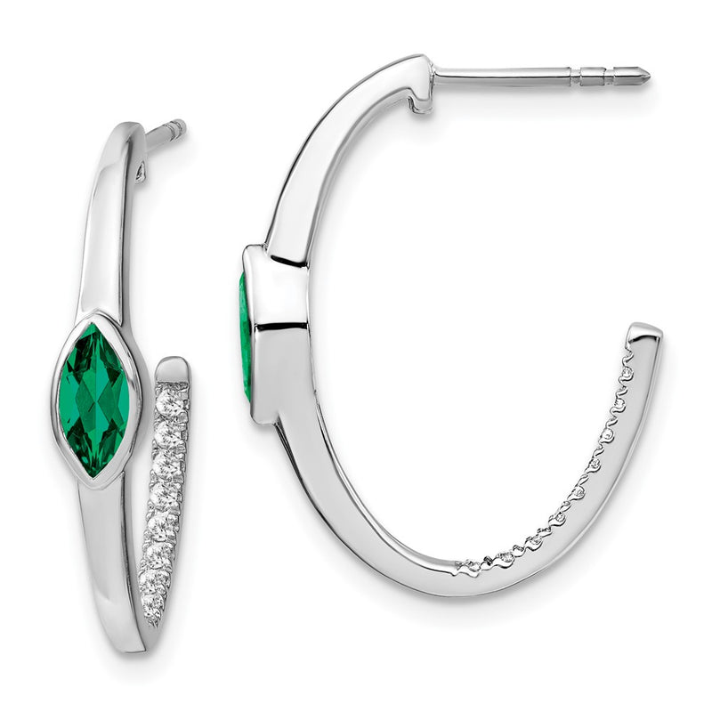 14k White Gold Marquise Created Emerald/Real Diamond J-hoop Earrings