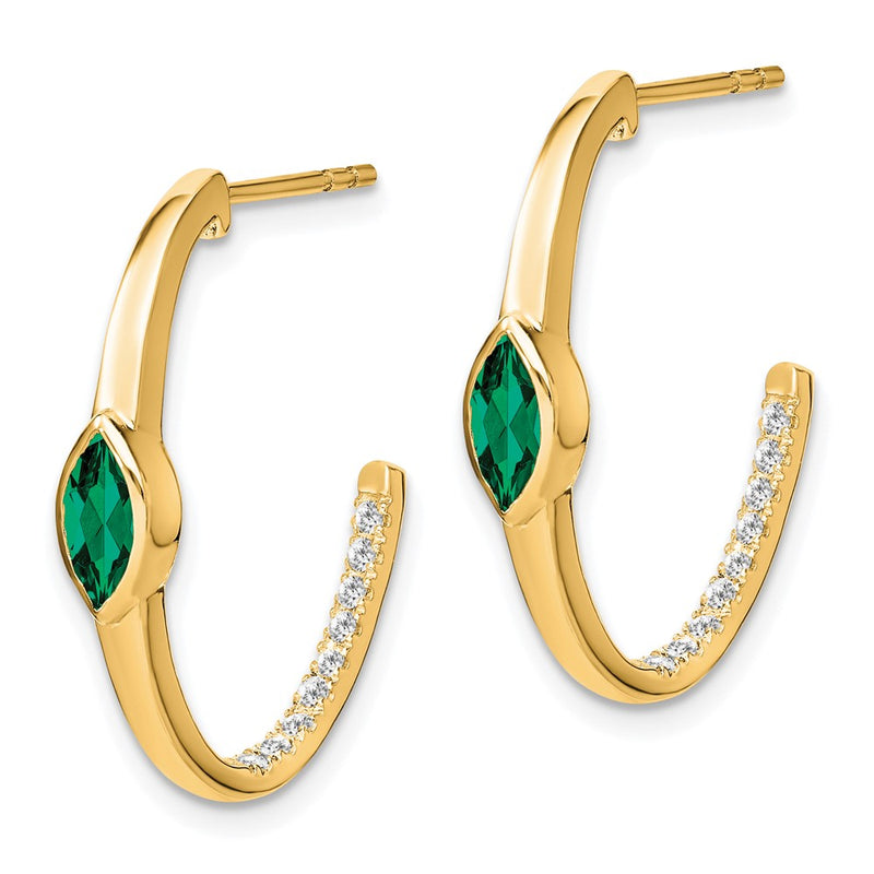 14k Yellow Gold Marquise Created Emerald and Real Diamond J-hoop Earrings