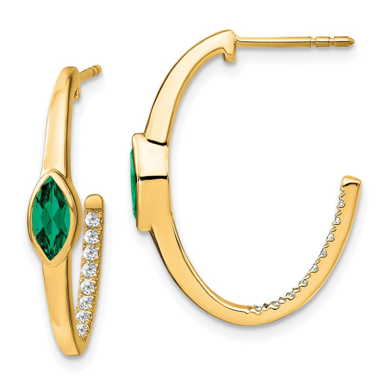 14k Yellow Gold Marquise Created Emerald and Real Diamond J-hoop Earrings