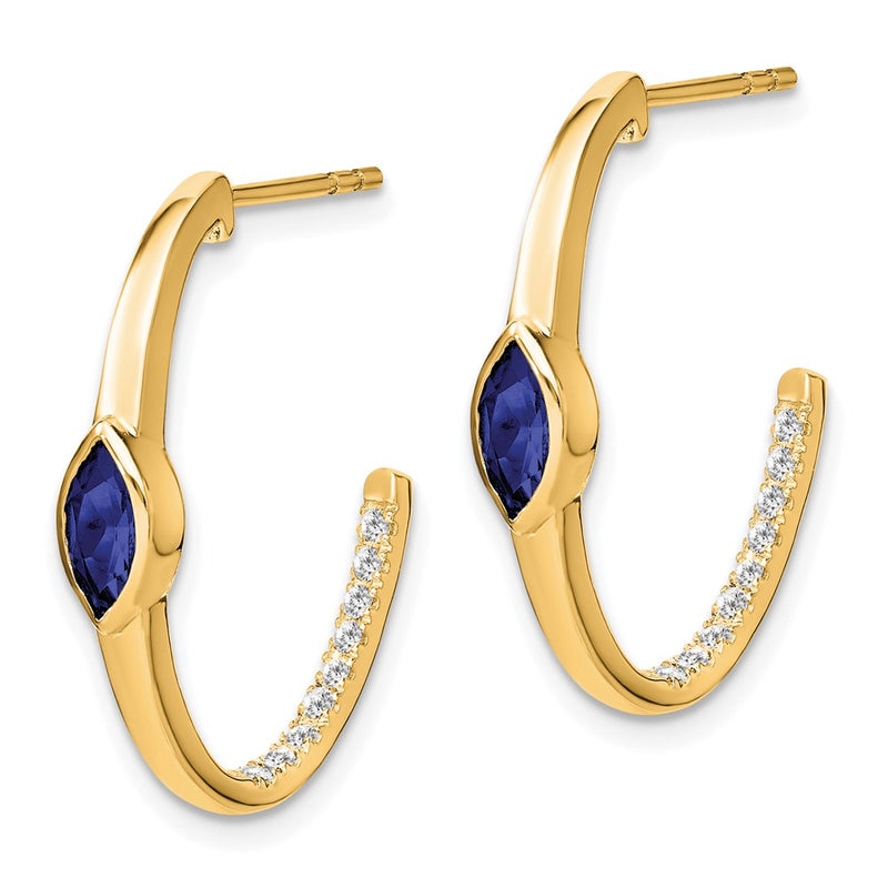 14k Yellow Gold Marquise Created Sapphire and Real Diamond J-hoop Earrings