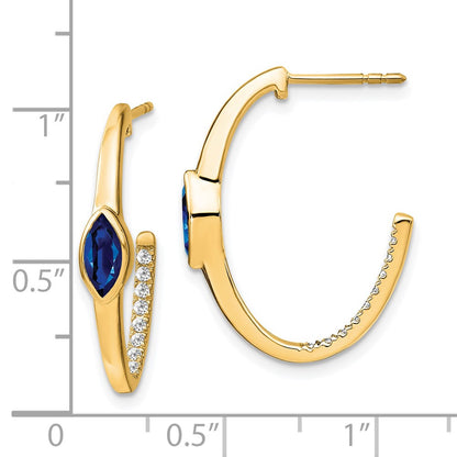 14k Yellow Gold Marquise Created Sapphire and Real Diamond J-hoop Earrings