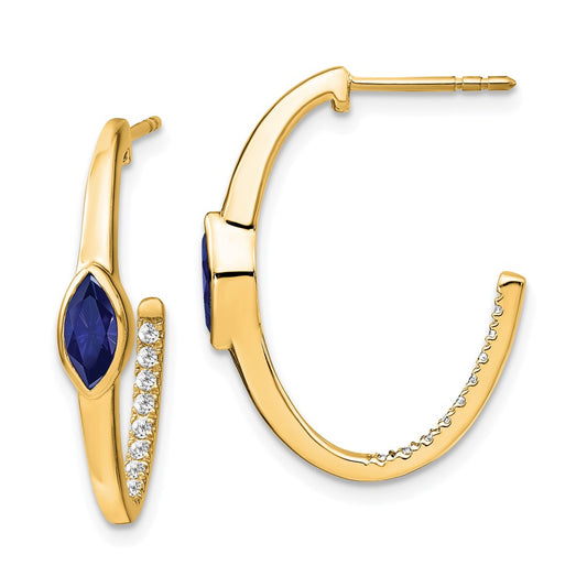 Solid 14k Yellow Gold Marquise Created Simulated Sapphire and CZ J-hoop Earrings