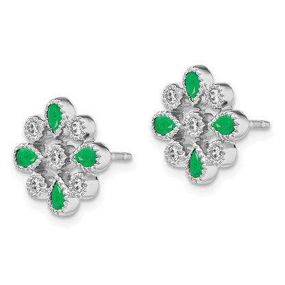 14k White Gold Emerald and Real Diamond Post Earrings