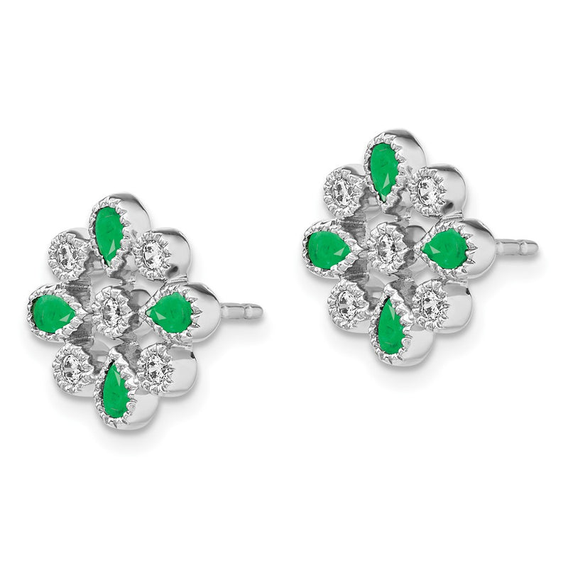 14k White Gold Emerald and Real Diamond Post Earrings
