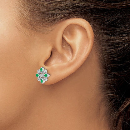 14k White Gold Emerald and Real Diamond Post Earrings
