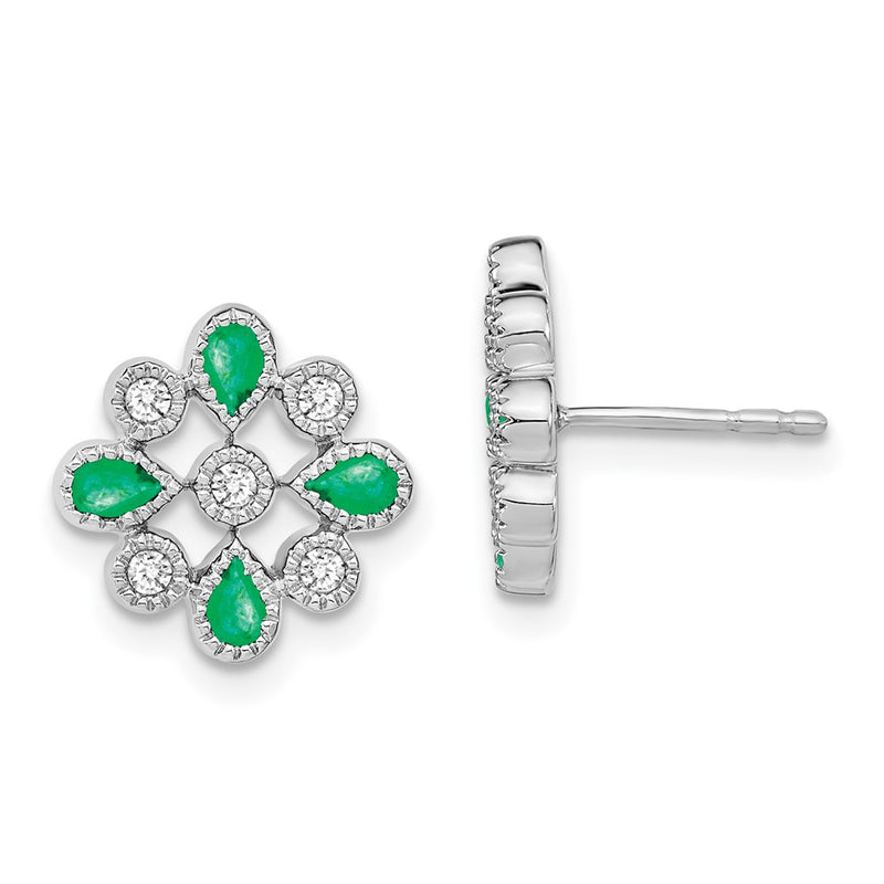 14k White Gold Emerald and Real Diamond Post Earrings