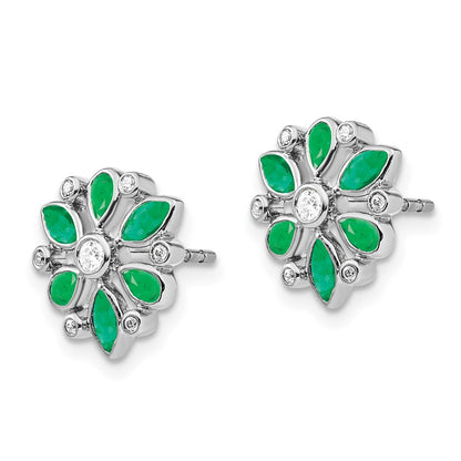 14k White Gold Emerald and Real Diamond Post Earrings