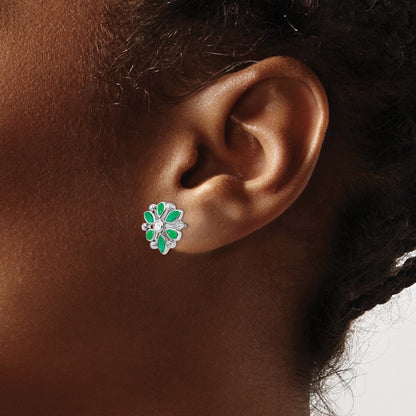 14k White Gold Emerald and Real Diamond Post Earrings