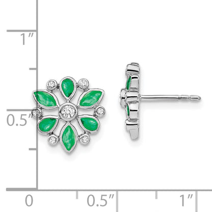 14k White Gold Emerald and Real Diamond Post Earrings