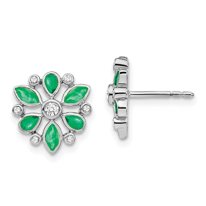 14k White Gold Emerald and Real Diamond Post Earrings