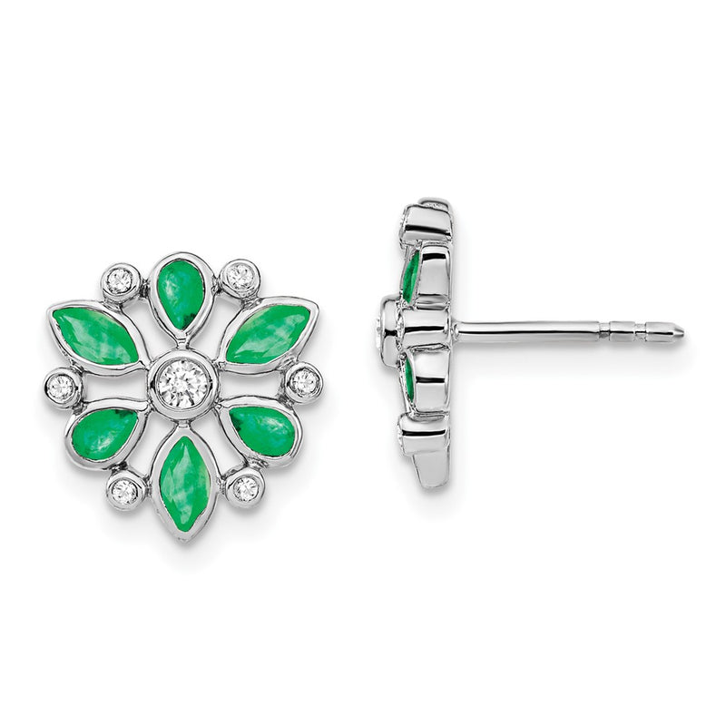 14k White Gold Emerald and Real Diamond Post Earrings
