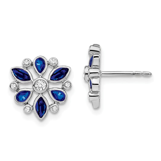 Solid 14k White Gold Simulated Sapphire and CZ Post Earrings
