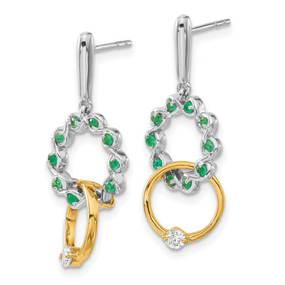14k Yellow Gold Two-tone Emerald and Real Diamond Earrings