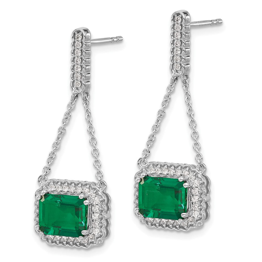 14k White Gold Created Emerald and Real Diamond Dangle Earrings