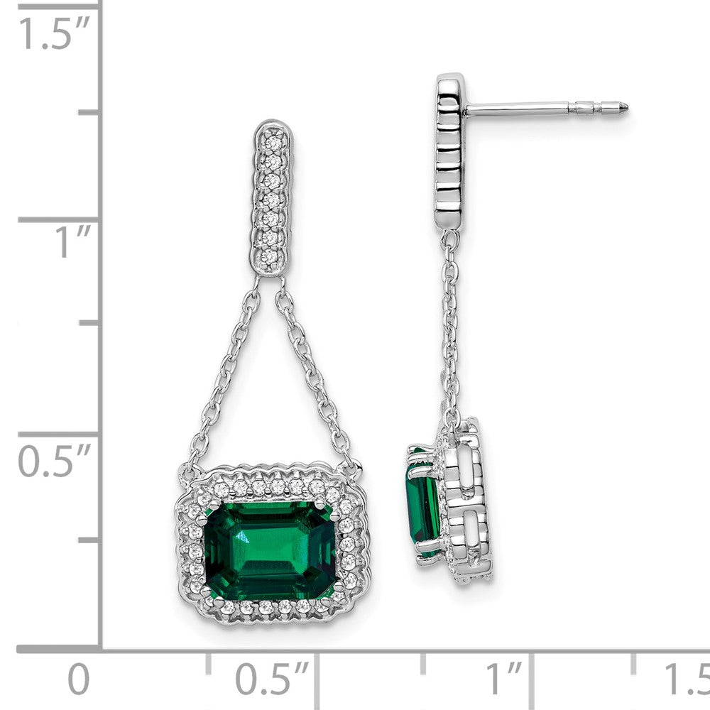 14k White Gold Created Emerald and Real Diamond Dangle Earrings
