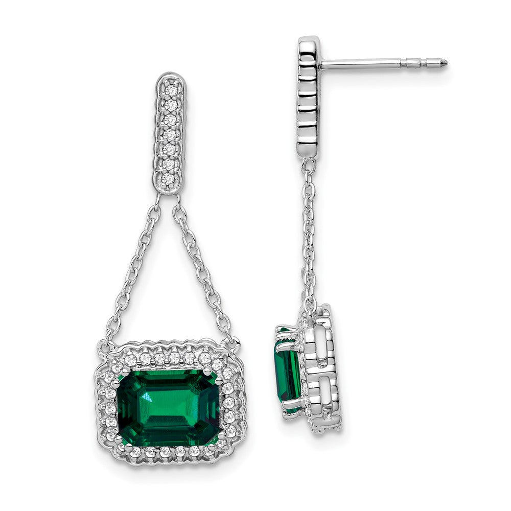 14k White Gold Created Emerald and Real Diamond Dangle Earrings