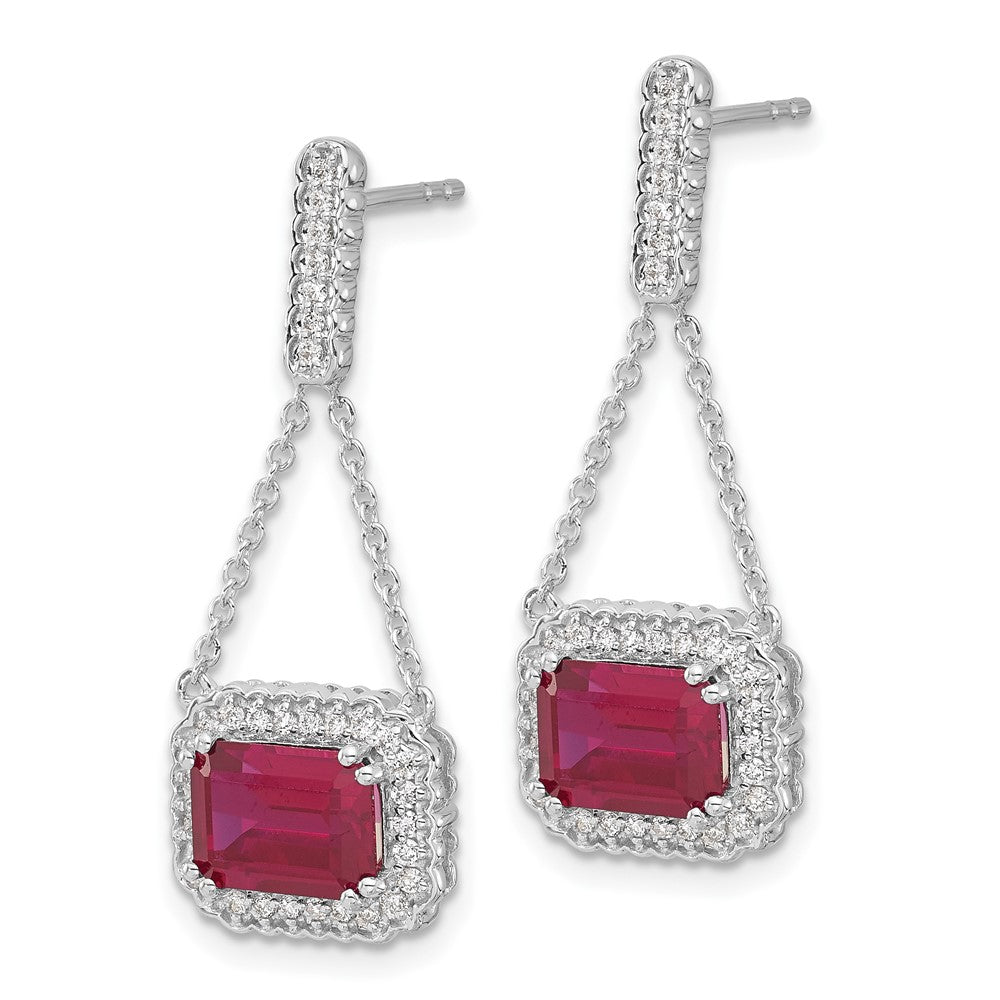 14k White Gold Created Ruby and Real Diamond Dangle Earrings