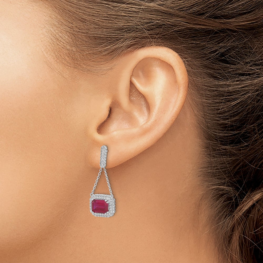 14k White Gold Created Ruby and Real Diamond Dangle Earrings