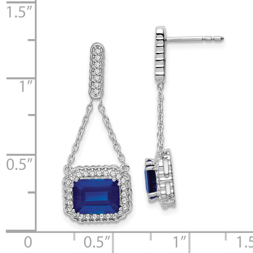 14k White Gold Created Sapphire and Real Diamond Dangle Earrings