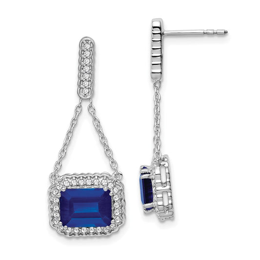 14k White Gold Created Sapphire and Real Diamond Dangle Earrings