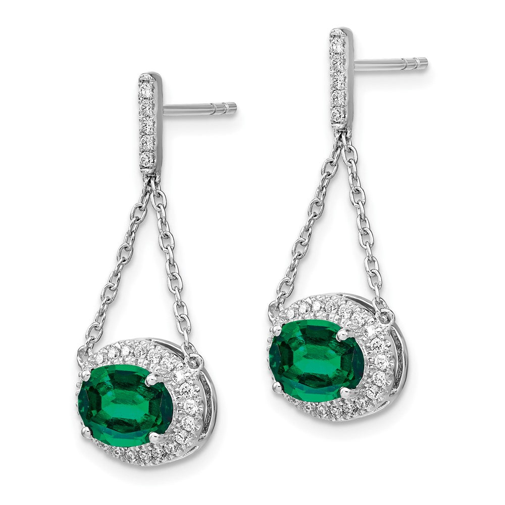 14k White Gold Oval Created Emerald and Real Diamond Dangle Earrings