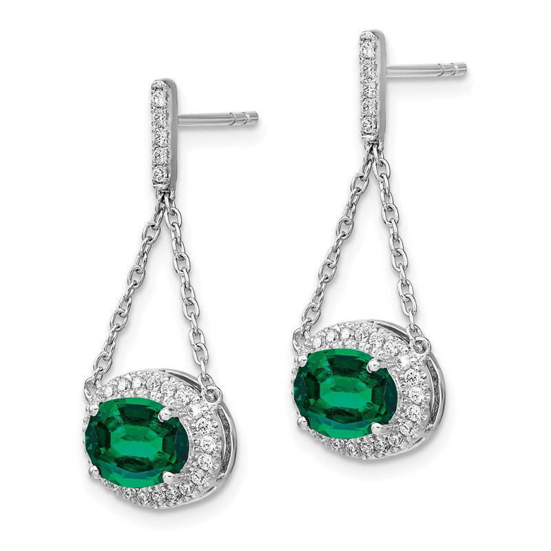 14k White Gold Oval Created Emerald and Real Diamond Dangle Earrings